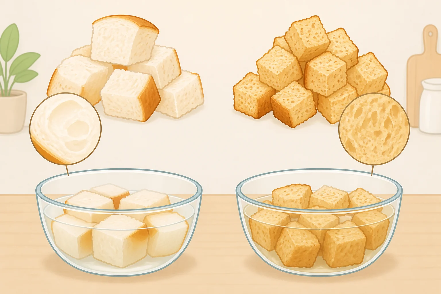 Side-by-side view of dried bread cubes (matte and firm) versus fresh bread cubes (softer), illustrating why dried bread holds up in baked apple cinnamon French toast casserole
