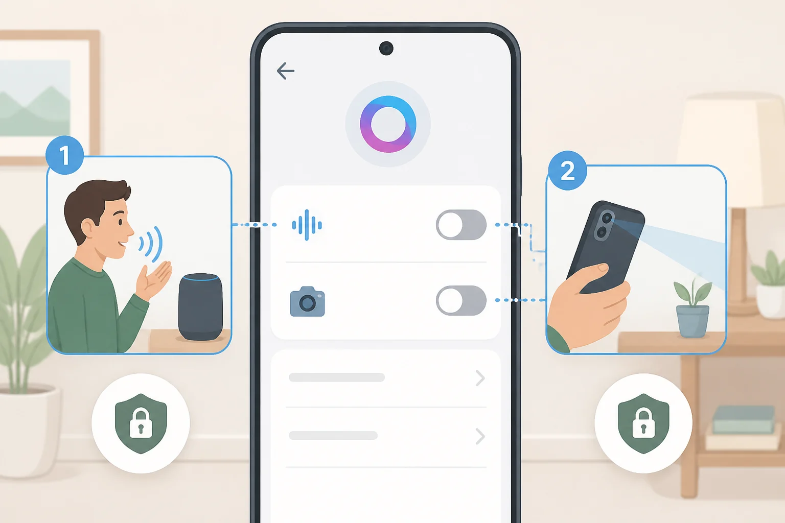 Illustration of Meta AI assistant settings showing the toggle for Hey Meta or camera-triggered AI turned off to prevent AI-triggered uploads