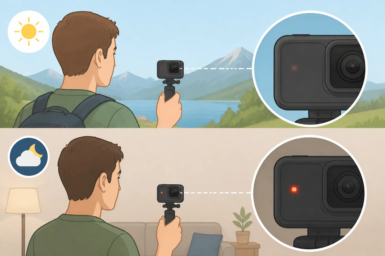 Side-by-side diagram showing how Meta Ray-Ban recording indicator light can be difficult to notice outdoors in direct sunlight