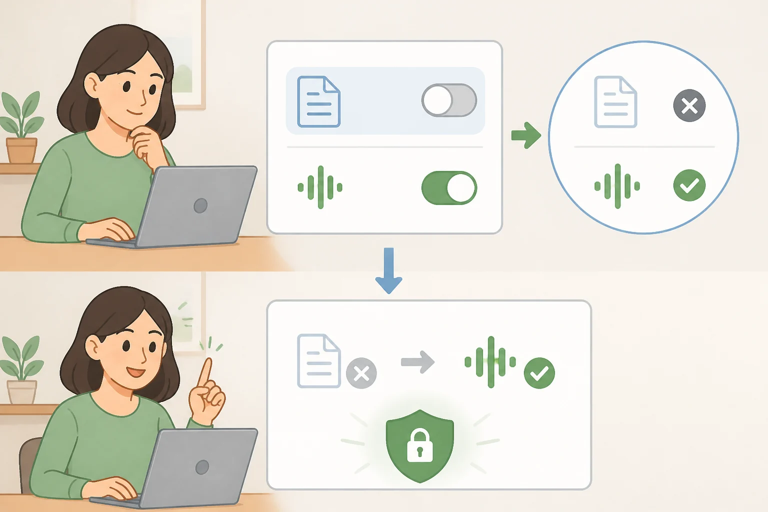 Illustration of the Meta AI privacy screen for Ray-Ban Meta privacy settings, with transcript storage off and audio recording storage disabled as a linked option