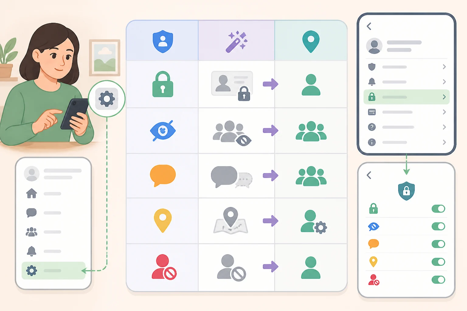 Screenshot-style graphic mapping Cloud Media, Sharing Additional Data, Hey Meta/camera-triggered AI, transcript storage, and audio recording storage to their corresponding locations in the Meta AI app