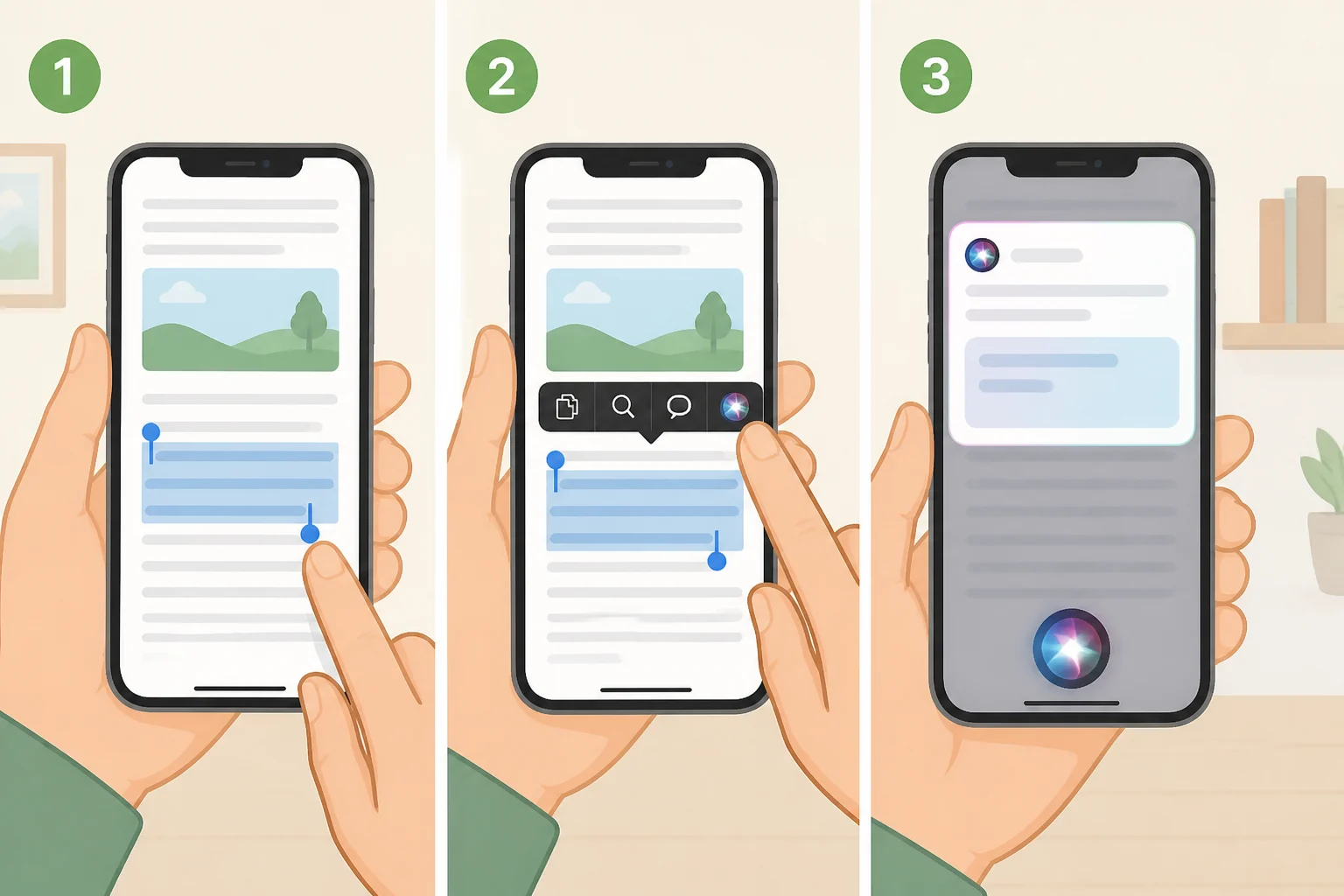 Illustration of a user selecting casual text in an app on iPadOS and using the Ask Siri popup to test the shortcut with a non-sensitive prompt