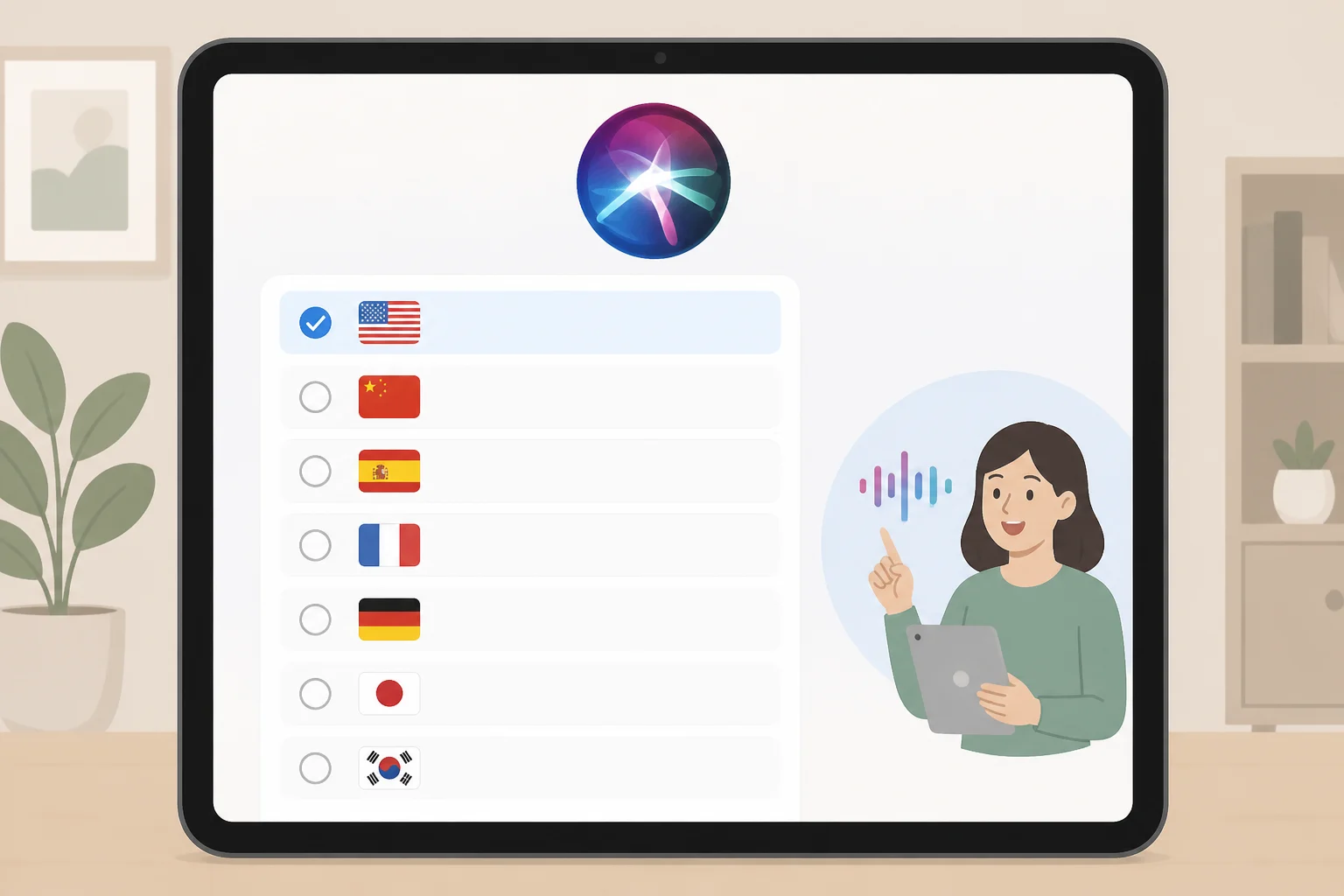 Illustration of an iPad showing Siri AI language availability with English plus French, Japanese, Korean, Portuguese, and Spanish