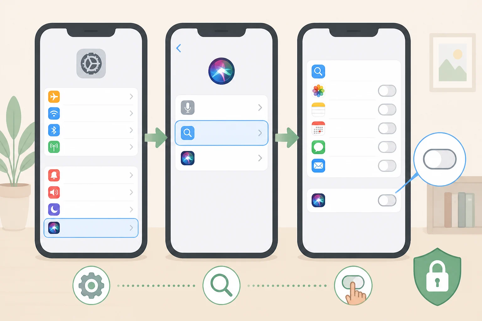 Illustration of the iPad Settings app highlighting Apps search indexing (“Show Content in Search”) and the Analytics & Improvements toggle (“Improve Siri & Dictation”) for Siri privacy controls