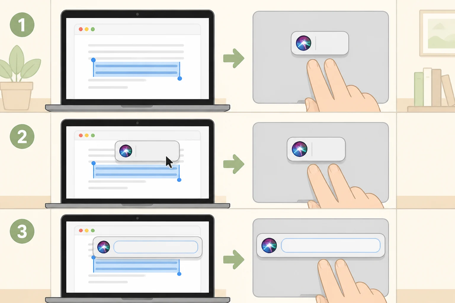 Illustration of iPadOS 27.2 Siri AI features where a selected sentence shows a small Ask Siri prompt that expands into a Siri input when hovered with a trackpad cursor