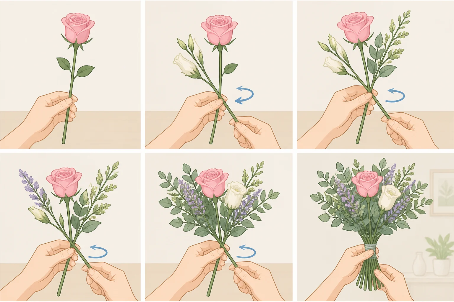 Hand-tied spiral bouquet technique showing a focal flower placed first, secondary stems crossed at a 45-degree angle, and the bundle quarter-turned as stems feed in