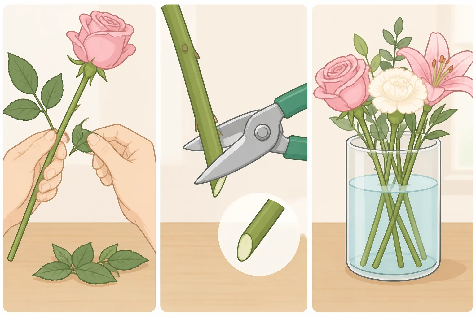 Step-by-step stem conditioning for a hand-tied bouquet: foliage removed from the lower half, stems recut at an angle, and placed upright in clean water