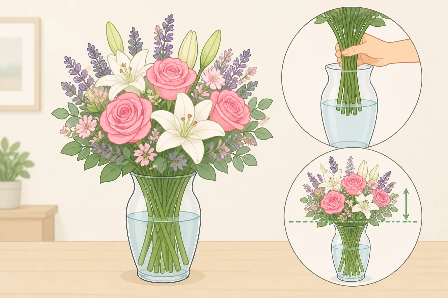 Finished hand-tied flower bouquet arranged in a vase, with stems trimmed to equal length and blooms positioned just above the rim for optimal water uptake