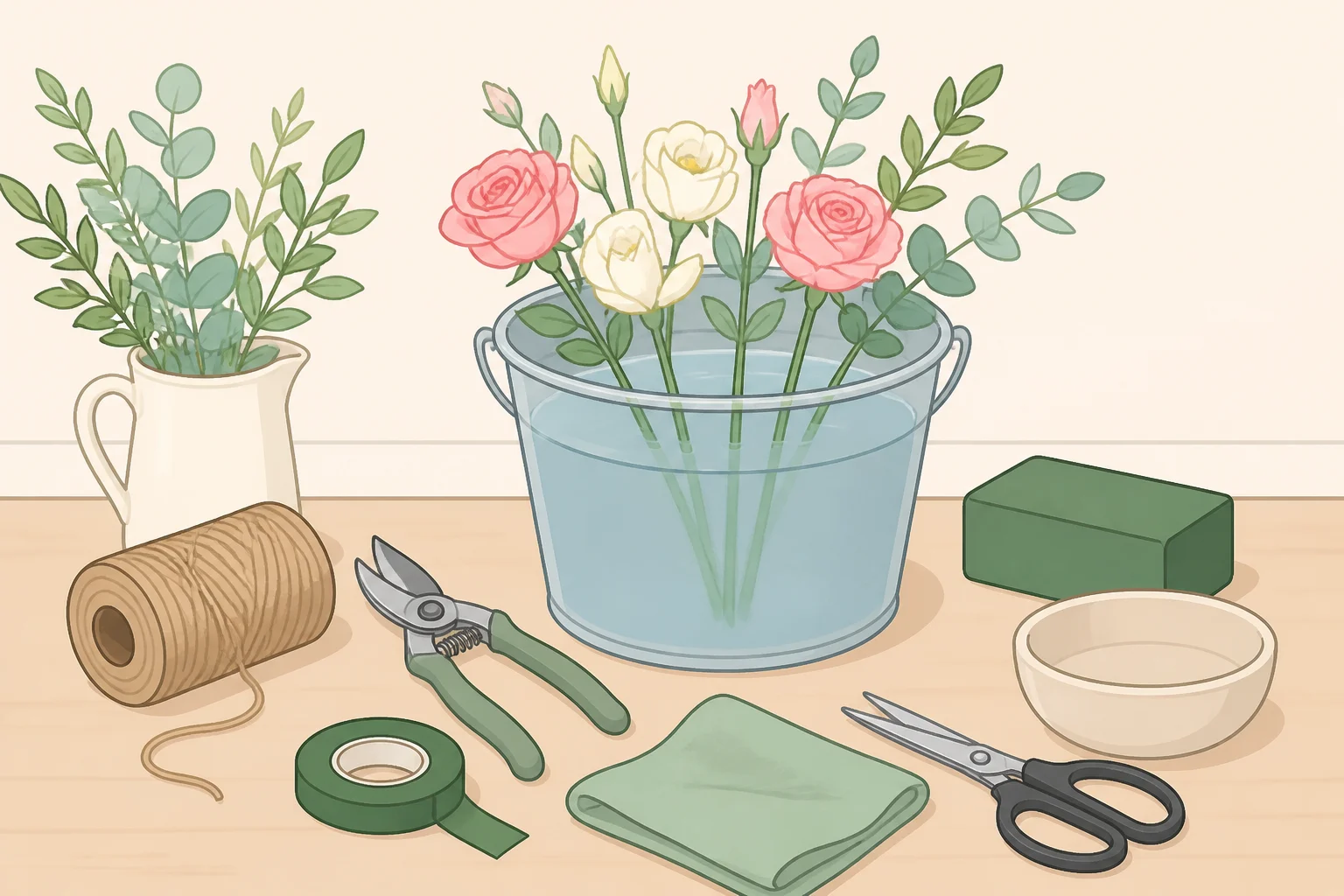 Tools for how to create a stunning flower bouquet: floristry scissors, natural jute twine, and a bucket of clean water for conditioning stems