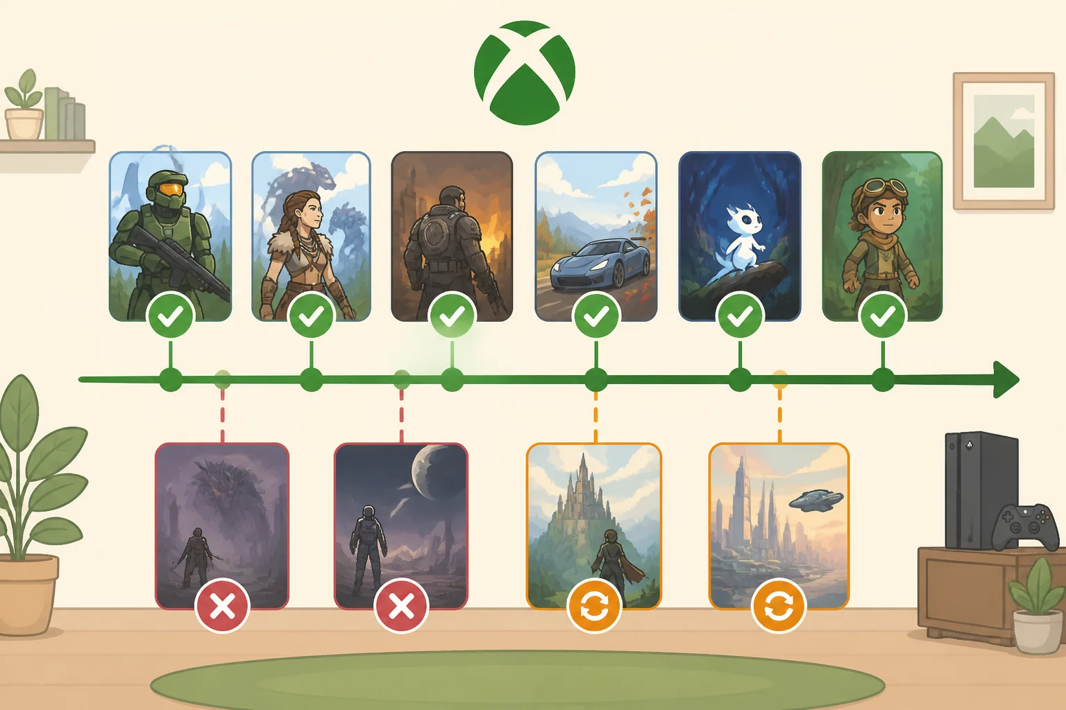 Illustration timeline showing gaps in Xbox Series X exclusives, including delayed launches like Forza Horizon 5 and canceled or shifted projects such as Perfect Dark and Fable