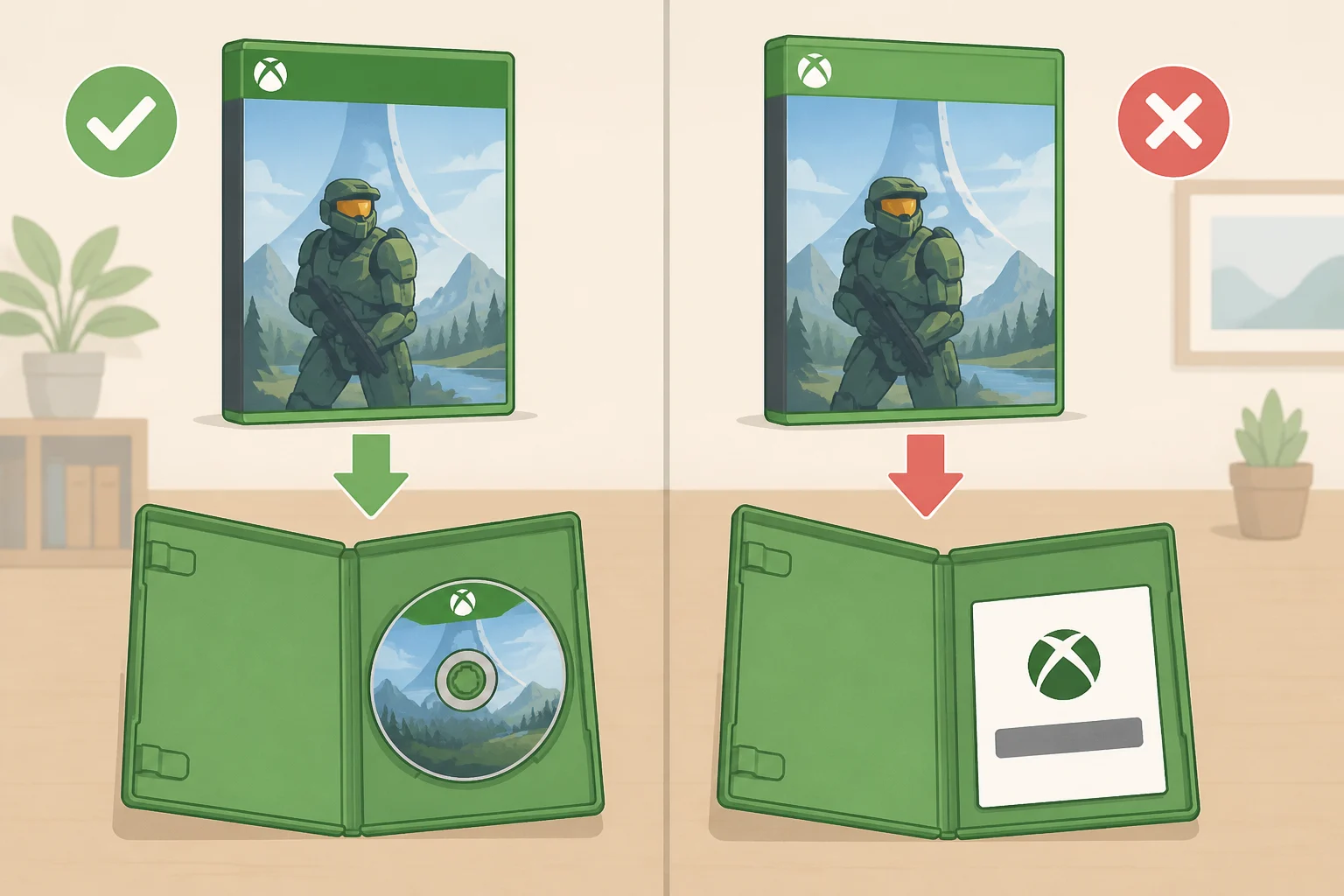 Side-by-side packaging illustration: an Xbox disc edition with playable data on the disc versus a physical box containing only a download code