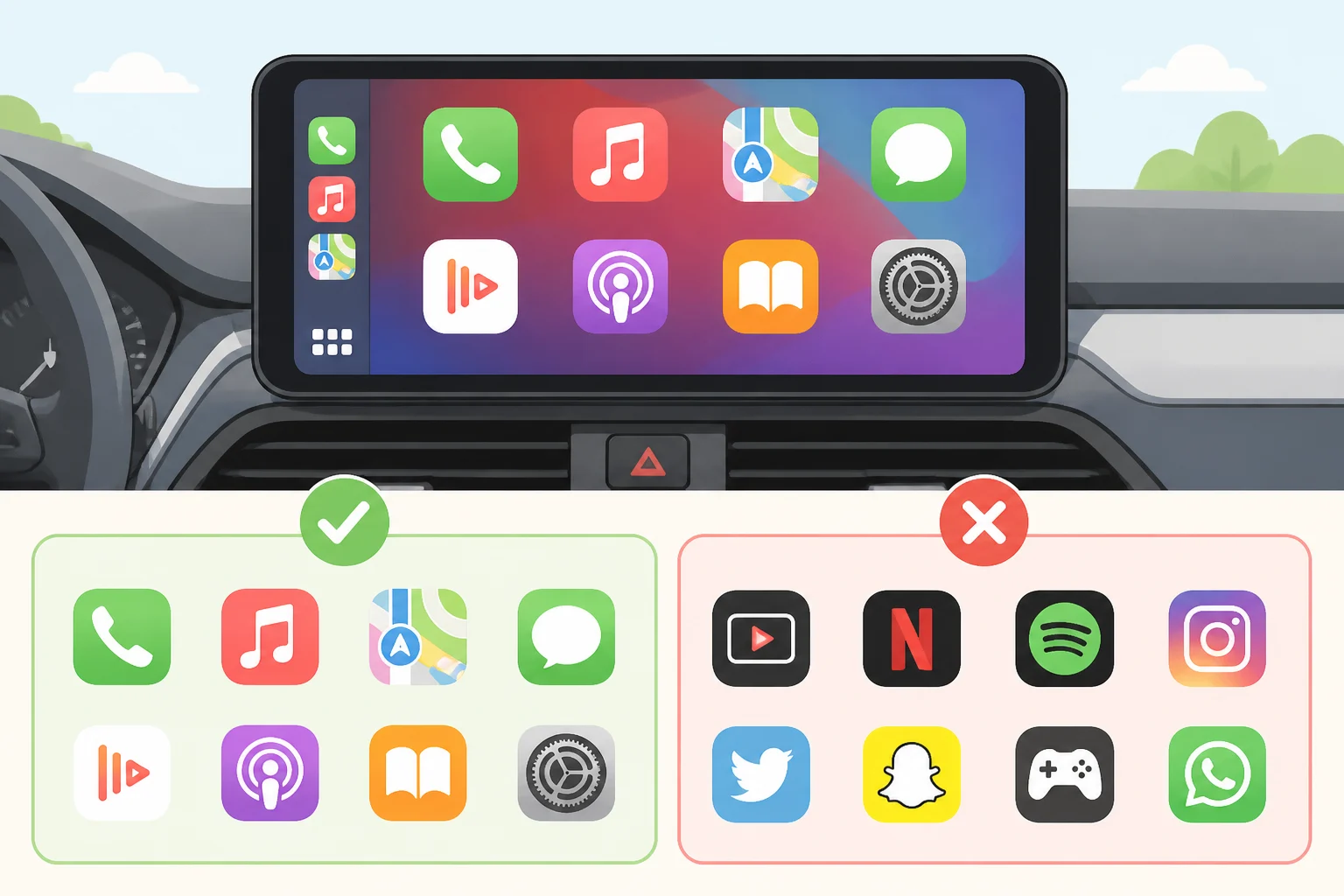 Illustration of a CarPlay app dashboard where navigation and audio icons appear, while games and social media are greyed out or absent to show that categories can be excluded by policy.