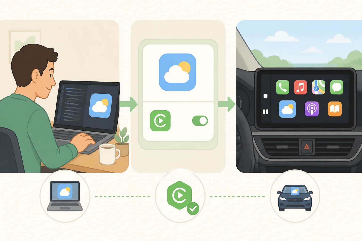 Diagram showing an app developer adding CarPlay support to an existing iPhone app, which later enables the icon to appear on the CarPlay home screen only after entitlement and device connection.