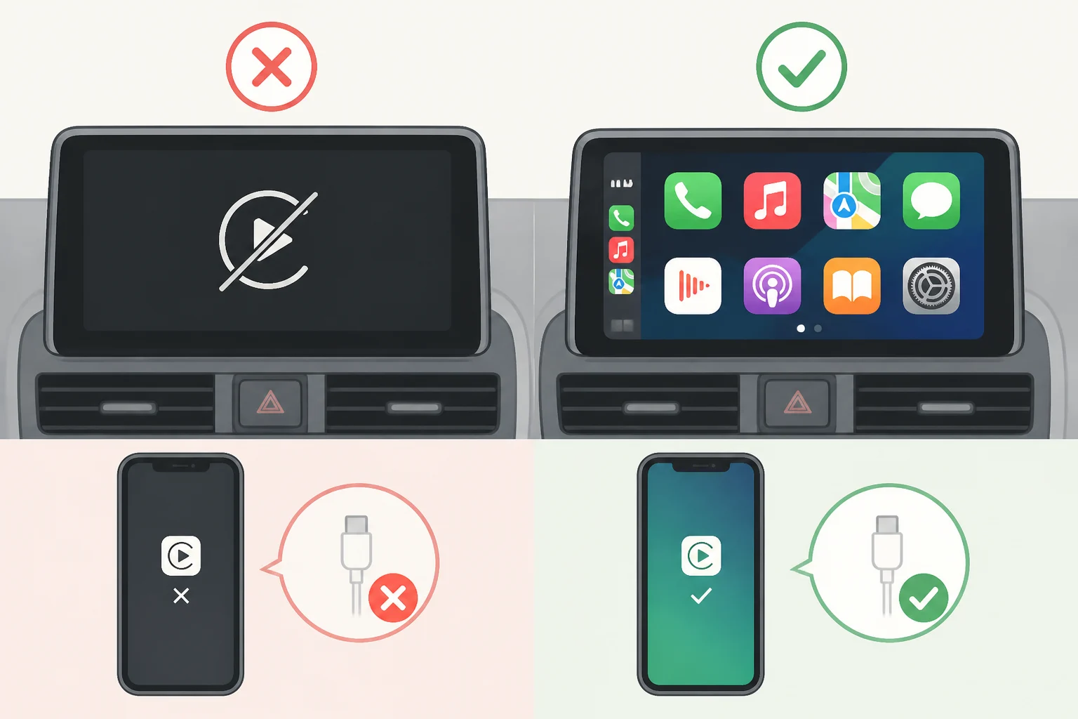 A split illustration showing two CarPlay outcomes: a blank home screen when CarPlay won't connect versus a loaded CarPlay dashboard with apps present but one missing—helping explain why iPhone apps don't appear in CarPlay when the connection is actually working.