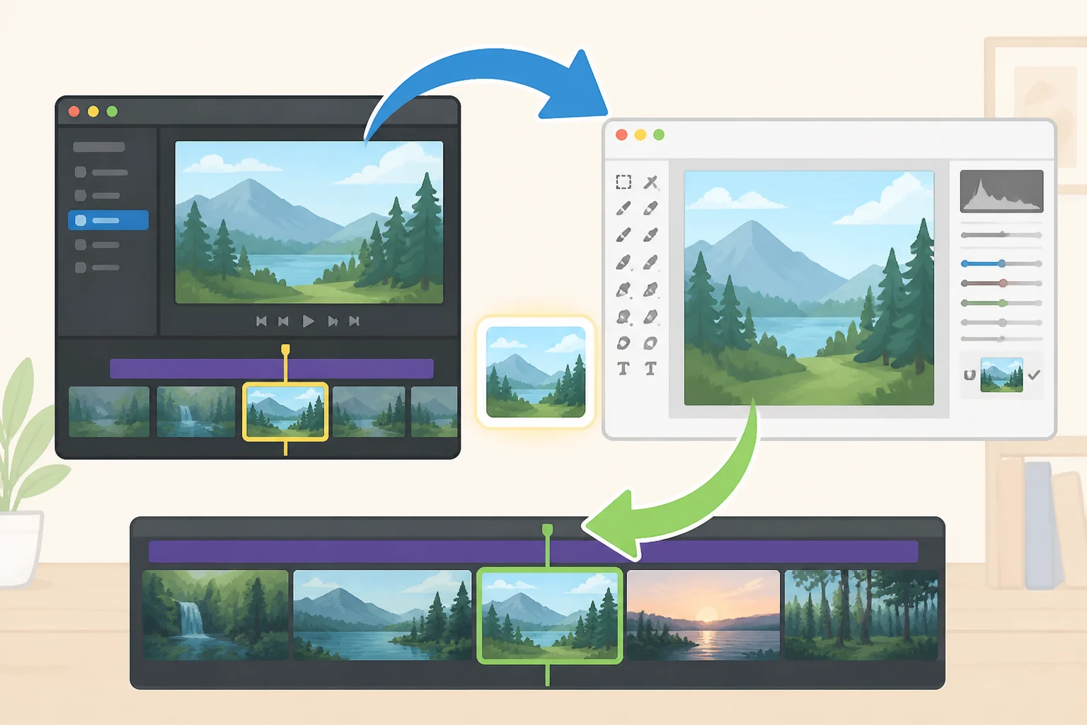 Diagram of a round-trip workflow where a clip is opened in Pixelmator Pro for editing and then the updated image returns to the Final Cut Pro timeline