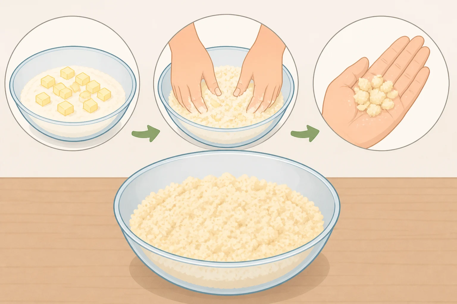Illustration of biscuit topping dough after cutting in cold butter, showing pea-sized butter pieces and a shaggy dough with no dry flour left