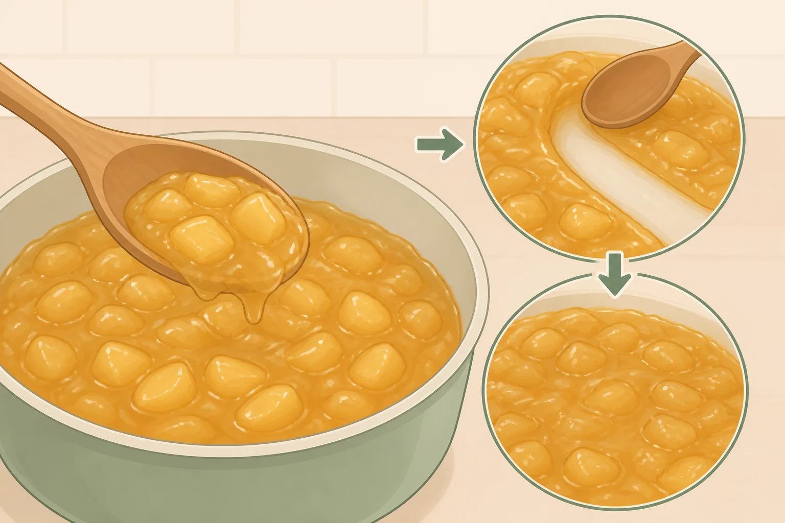 Illustration of apple filling simmered until glossy and thick, with a spoon pulled through leaving a trail that holds briefly before closing