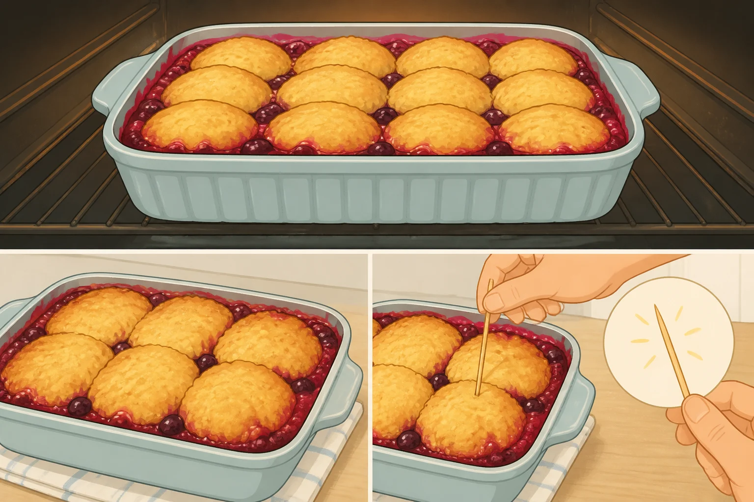 Illustration of an apple cobbler in a 9x13 dish with bubbling filling around the edges and deep golden biscuit mounds, with a toothpick inserted into the largest mound
