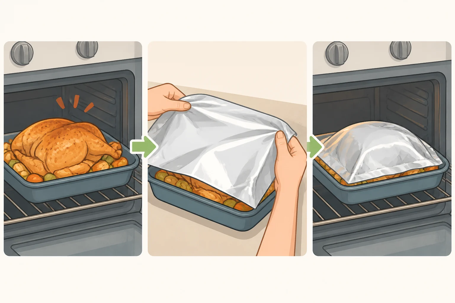 Illustration of a baked cobbler loosely tented with foil to slow further browning while the center finishes baking