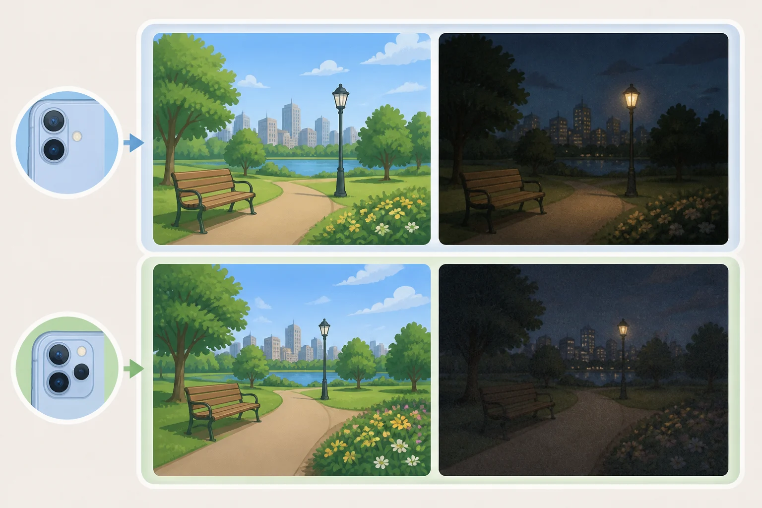 Illustration comparing Galaxy A37 daytime photos that look acceptable with low-light results that appear noisy and lack detail, supporting the Samsung Galaxy A37 review's camera wait-for-a-discount conclusion