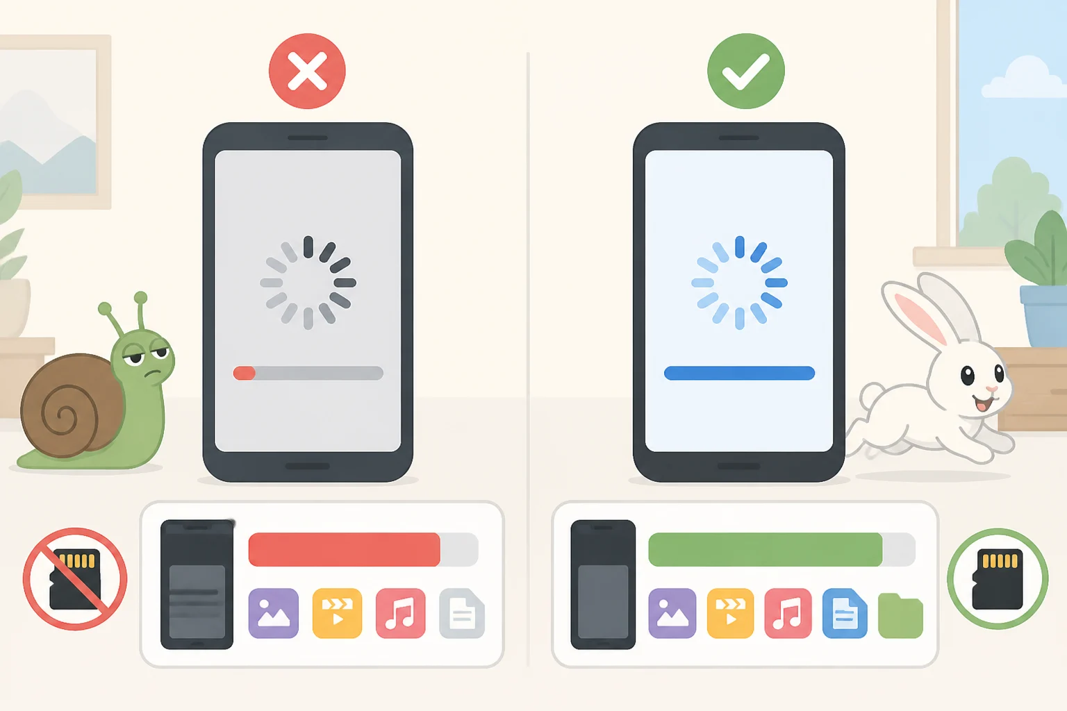 Illustration comparing Samsung Galaxy A37 app loading delays against faster phones and showing reduced usable 128GB storage because there is no microSD slot