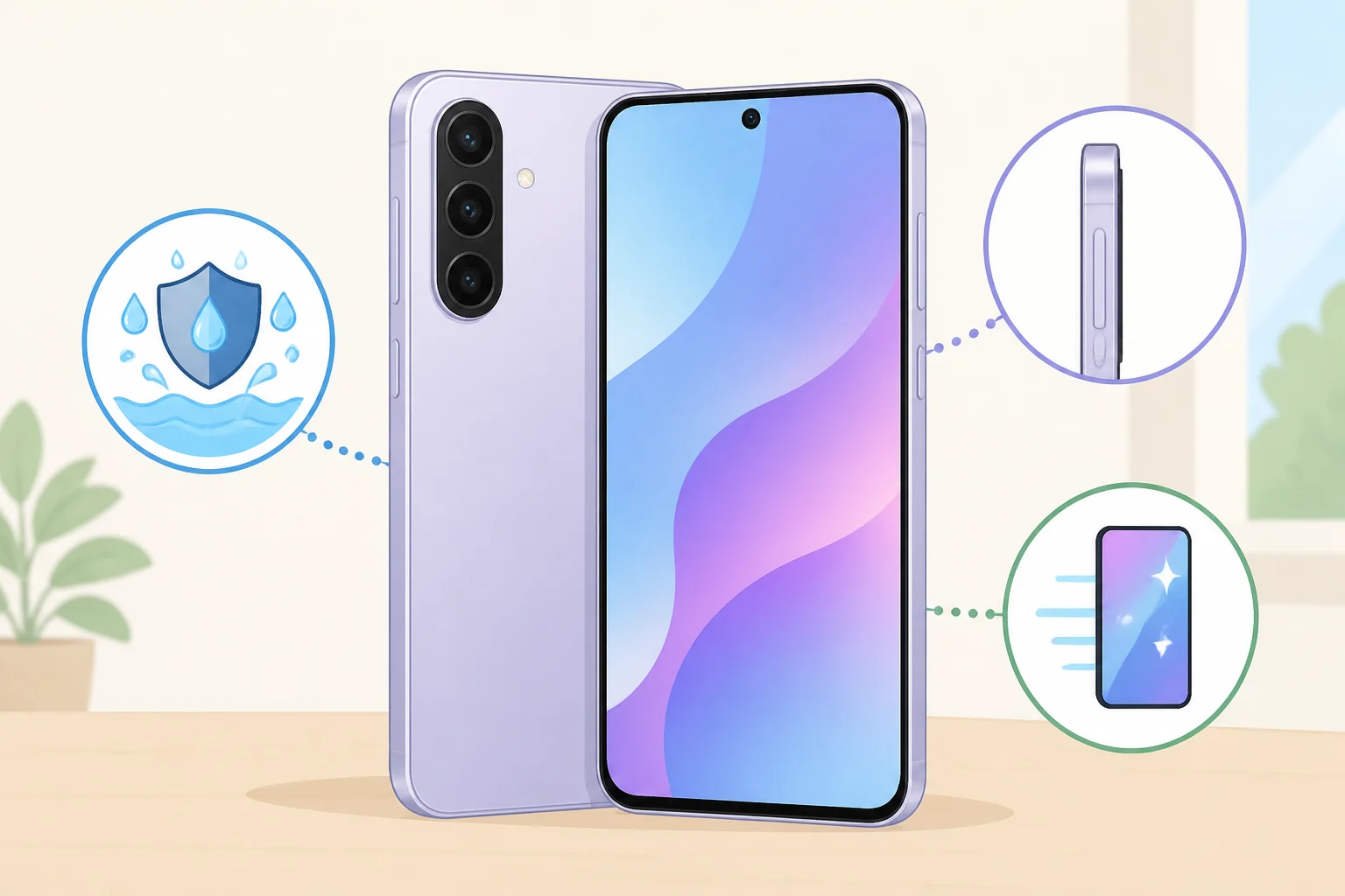 Illustration of the Samsung Galaxy A37 showing an aluminum frame, IP68 dust-and-water protection cues, and a 6.7-inch 120Hz Super AMOLED screen