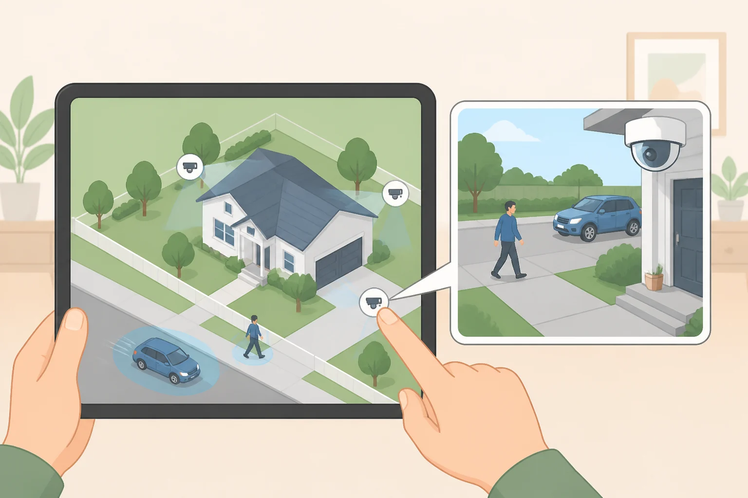 3D house map interface on a smart display where Ring camera activity shows moving people and vehicles, with a tap opening the corresponding live feed