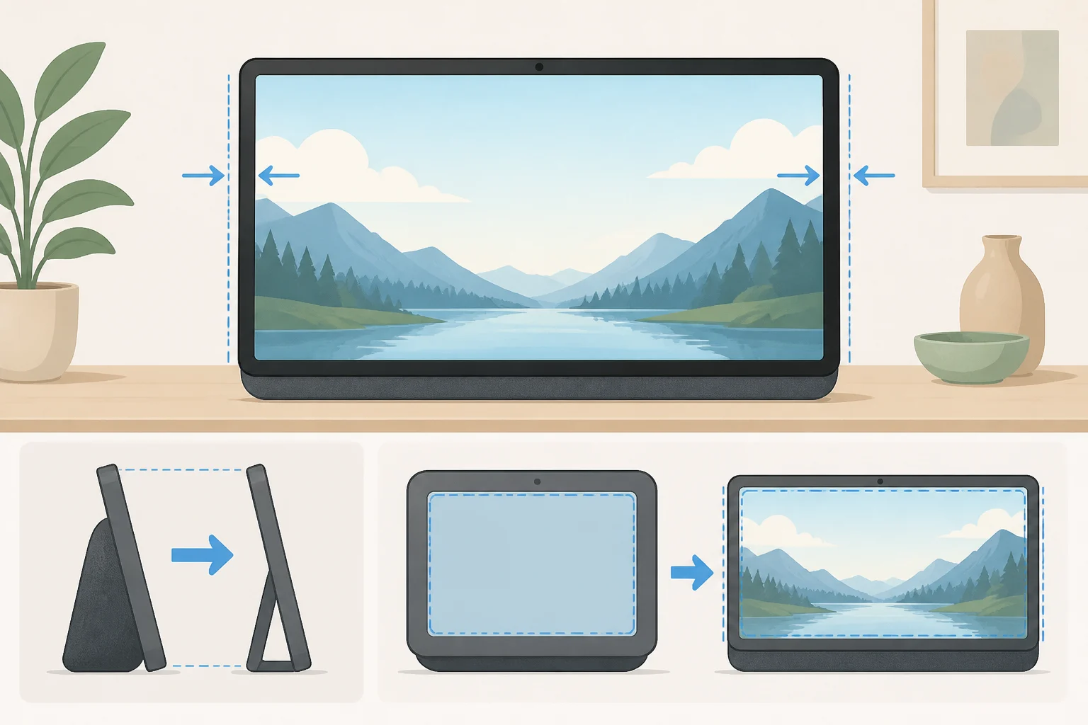 Side-by-side style diagram showing the nearly 40% thinner frame and 16-inch 1920x1080 display area of the Amazon Echo Show 16 compared with the Echo Show 15