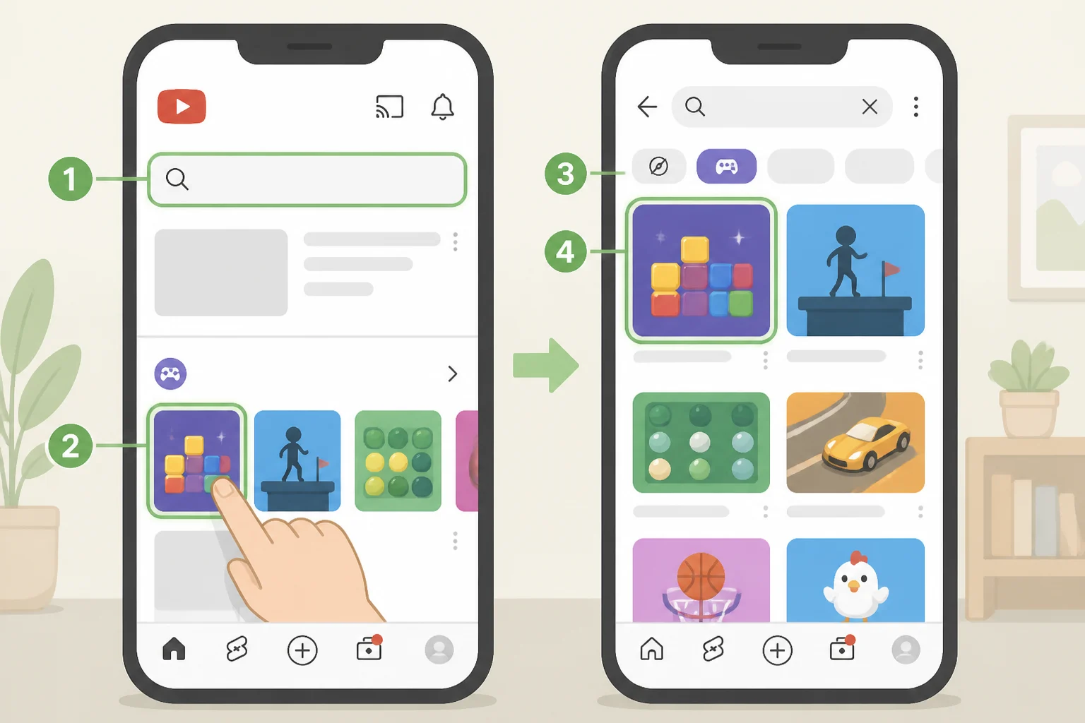 Illustration of a user searching within the YouTube app Playables section for "Newton's Glider" and viewing the result listing (or a missing title message)