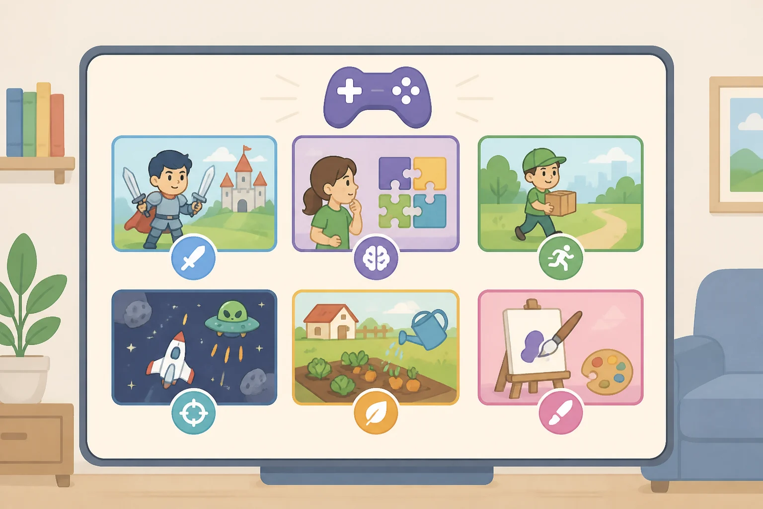 Illustration of a YouTube Playables catalog card list featuring new YouTube Playables educational games like Newton's Glider, Elements of Truth, SuperNova, and Reset Mode with subject focus labels