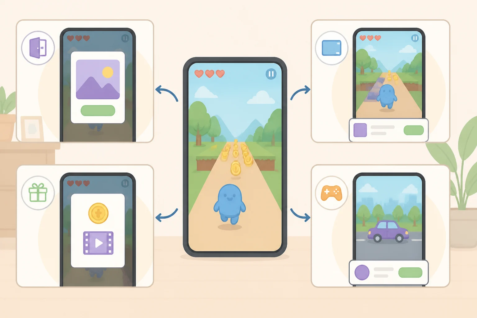 Illustration of a Playables game interface with example ad placements like pre-roll, interstitial, and a rewarded prompt displayed at different moments