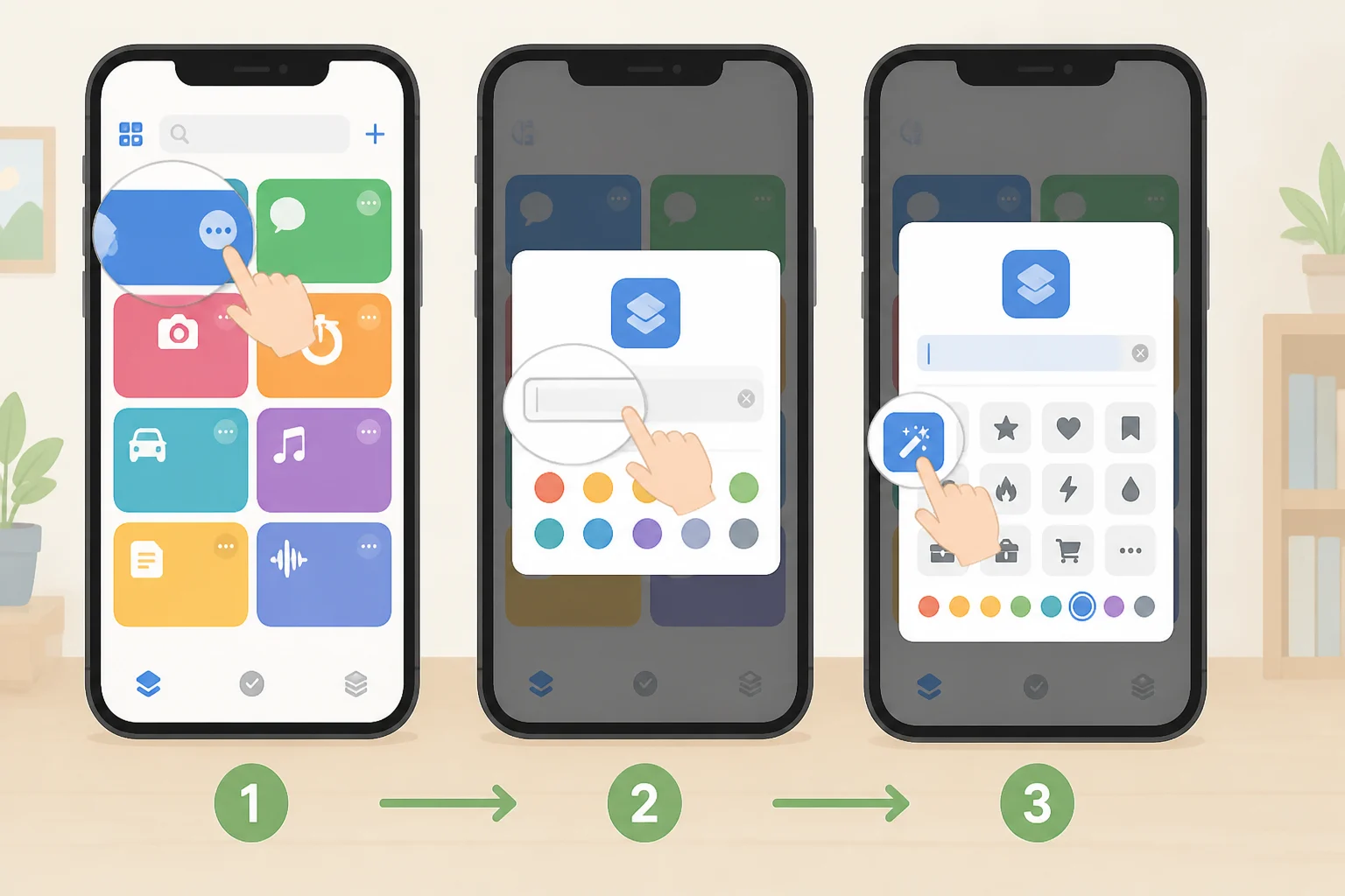 iOS Shortcuts app library with a shortcut selected and options to change the shortcut name and icon on iPhone/iPad after iOS 27.2