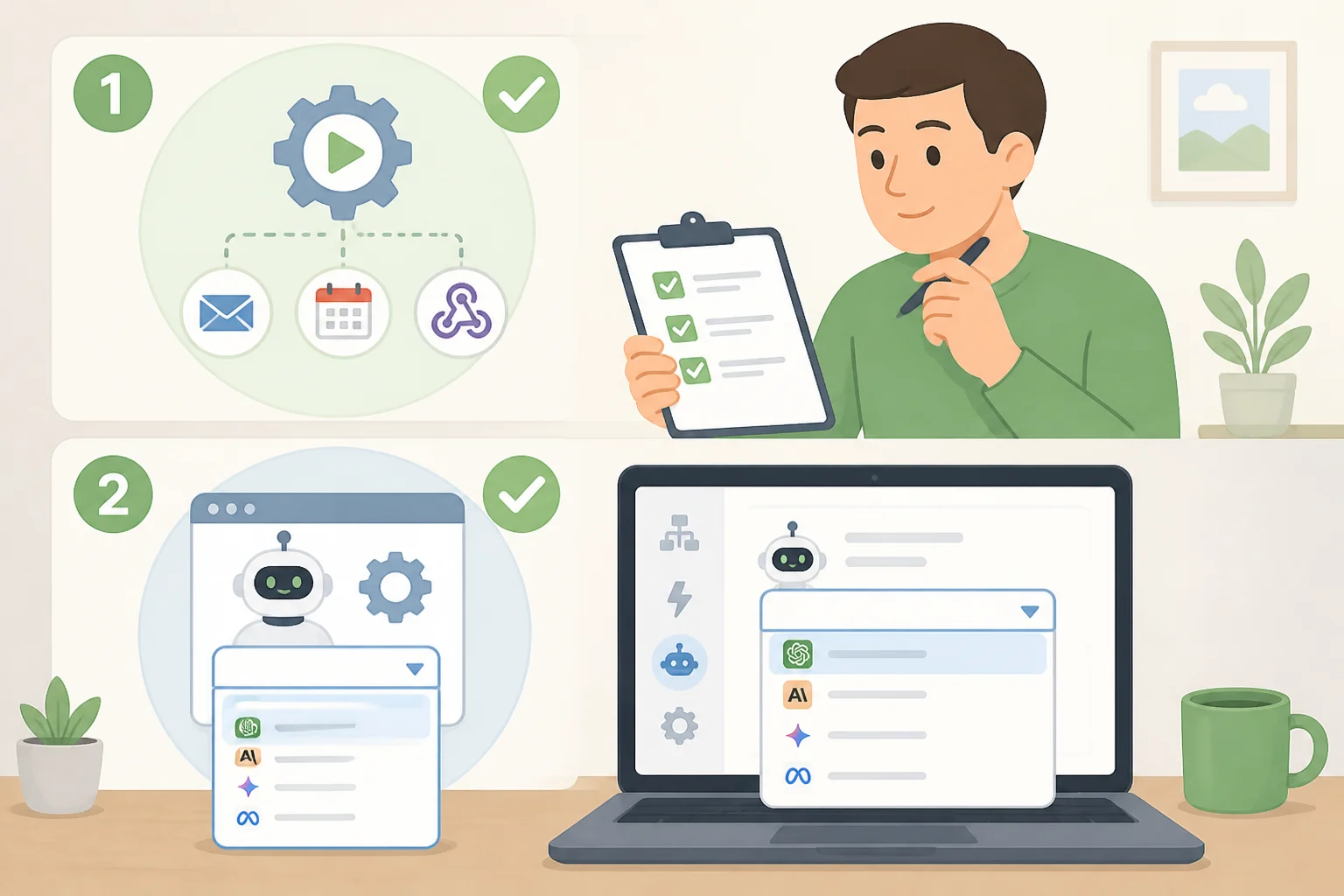 Checklist-style illustration guiding users to open Shortcuts, verify the Automation trigger, and confirm the selected Use Model type and device support