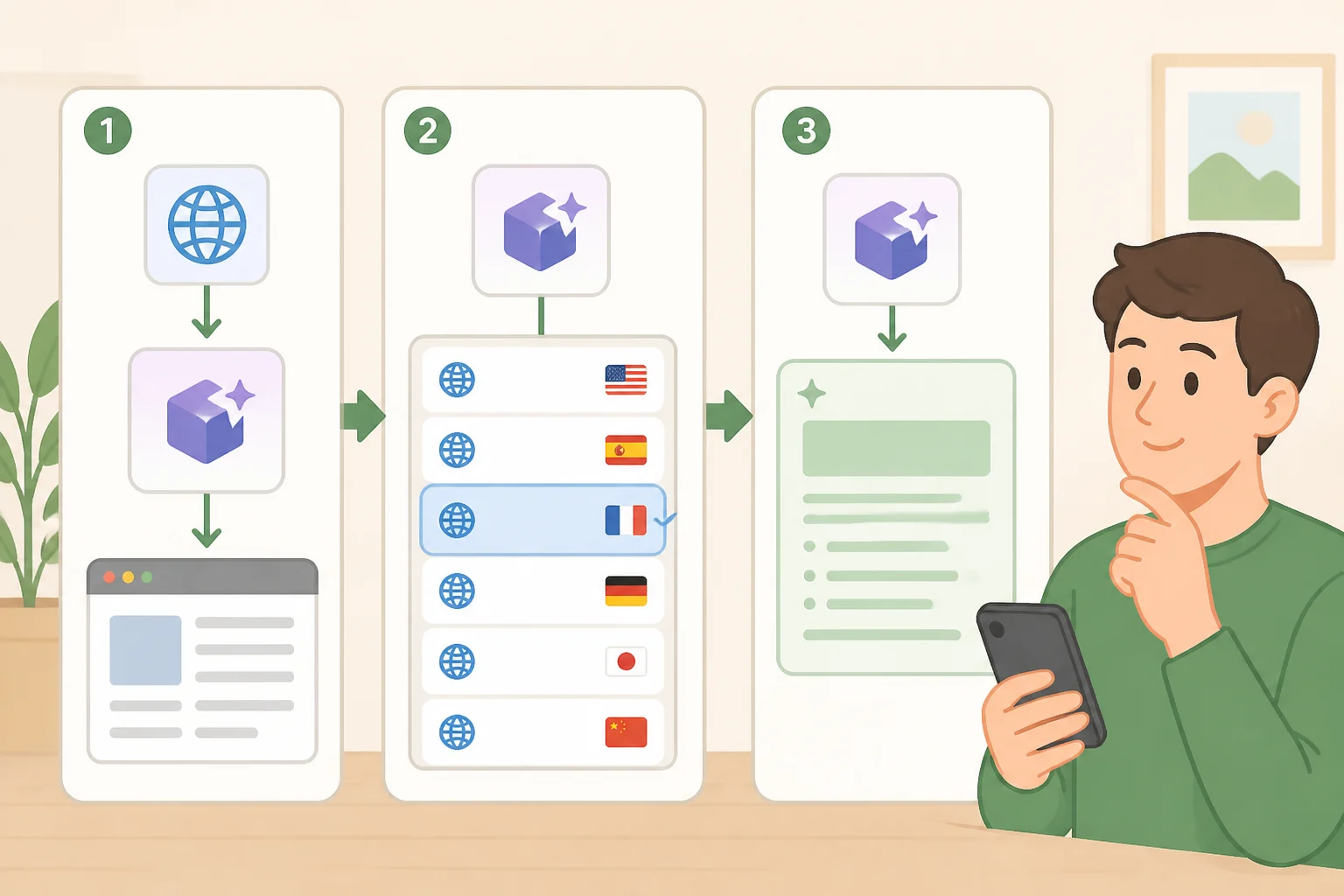 Diagram of a Shortcuts workflow where the Use Model action uses web retrieval in Spanish or Japanese, reflecting iOS 27.2 Shortcuts app new features language expansion