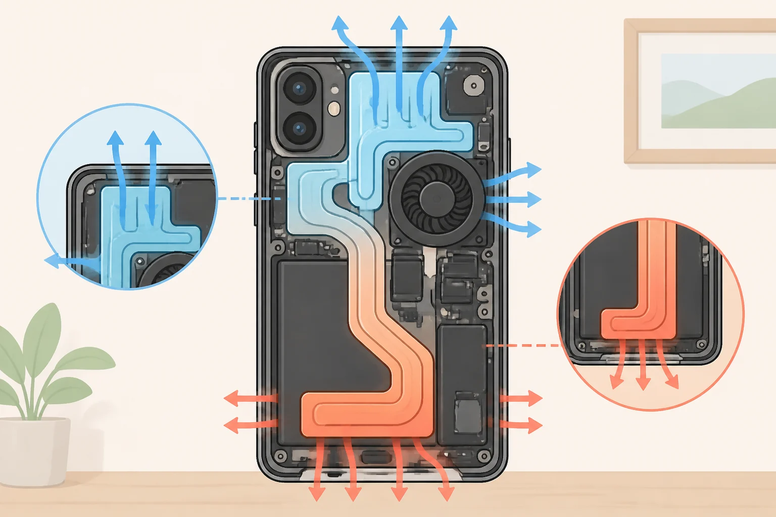 Cutaway diagram of the OnePlus Ace 7 dual-path Glacier air cooling system showing separate airflow channels for the chipset and rear panel with a built-in fan