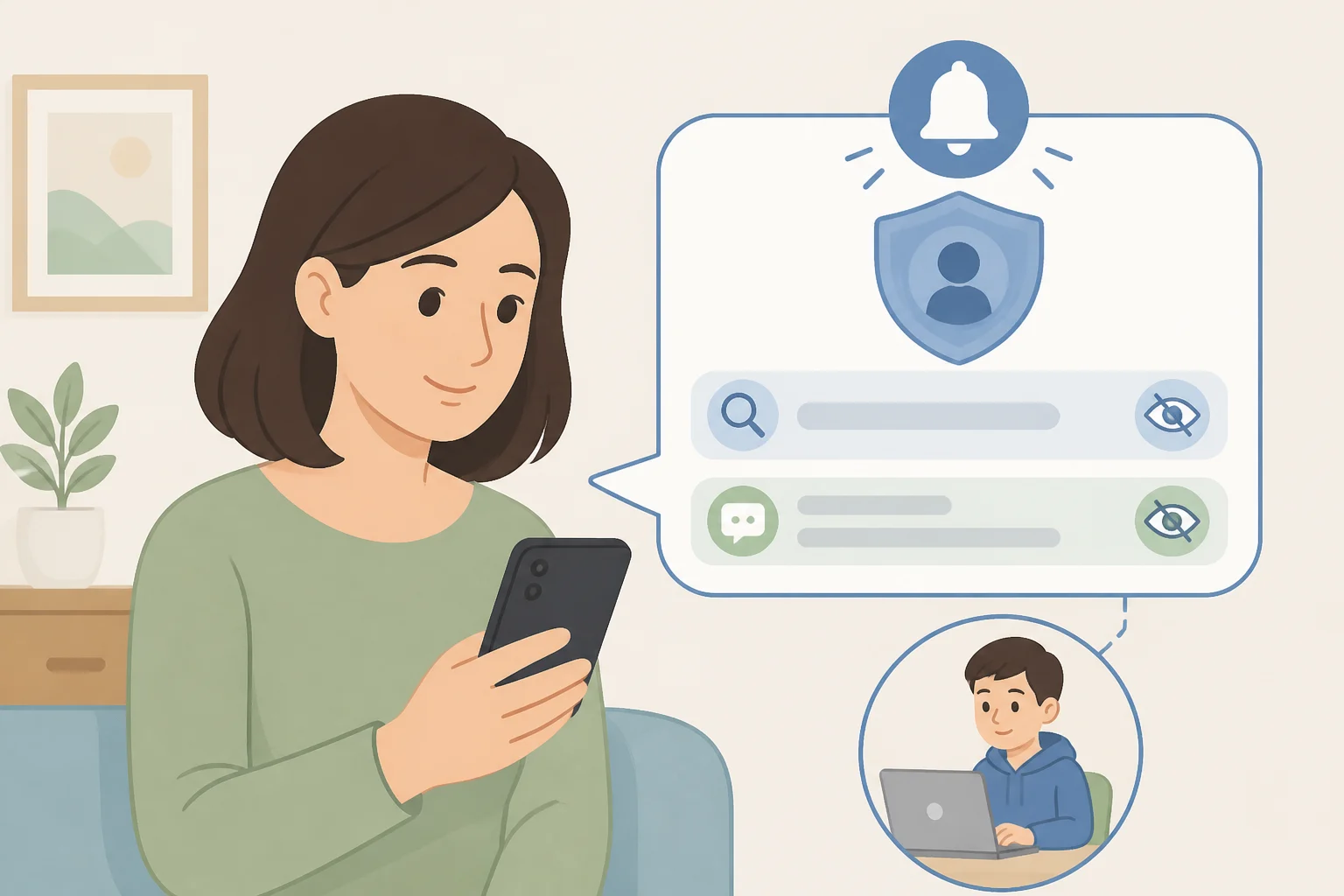 Illustration of a parent receiving a text/email/WhatsApp notification with links to helplines, while the exact teen search terms and chat content remain hidden