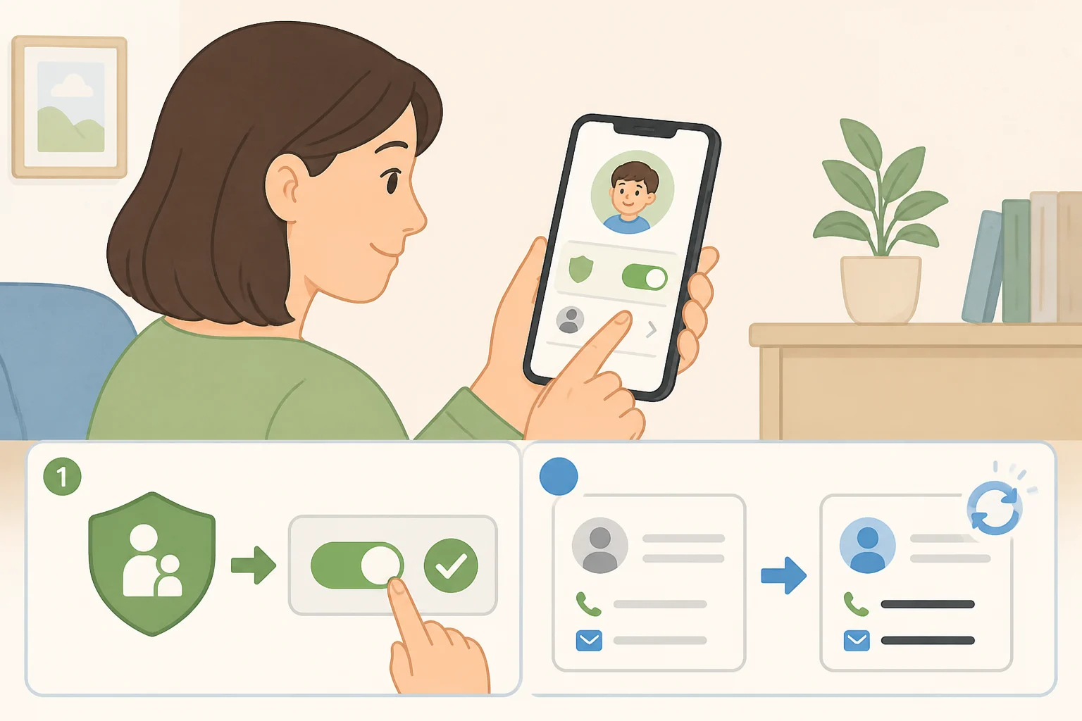 Illustration of a parent going through Meta supervision settings to confirm it is active for a teen account and that email, phone, and WhatsApp contact info is up to date
