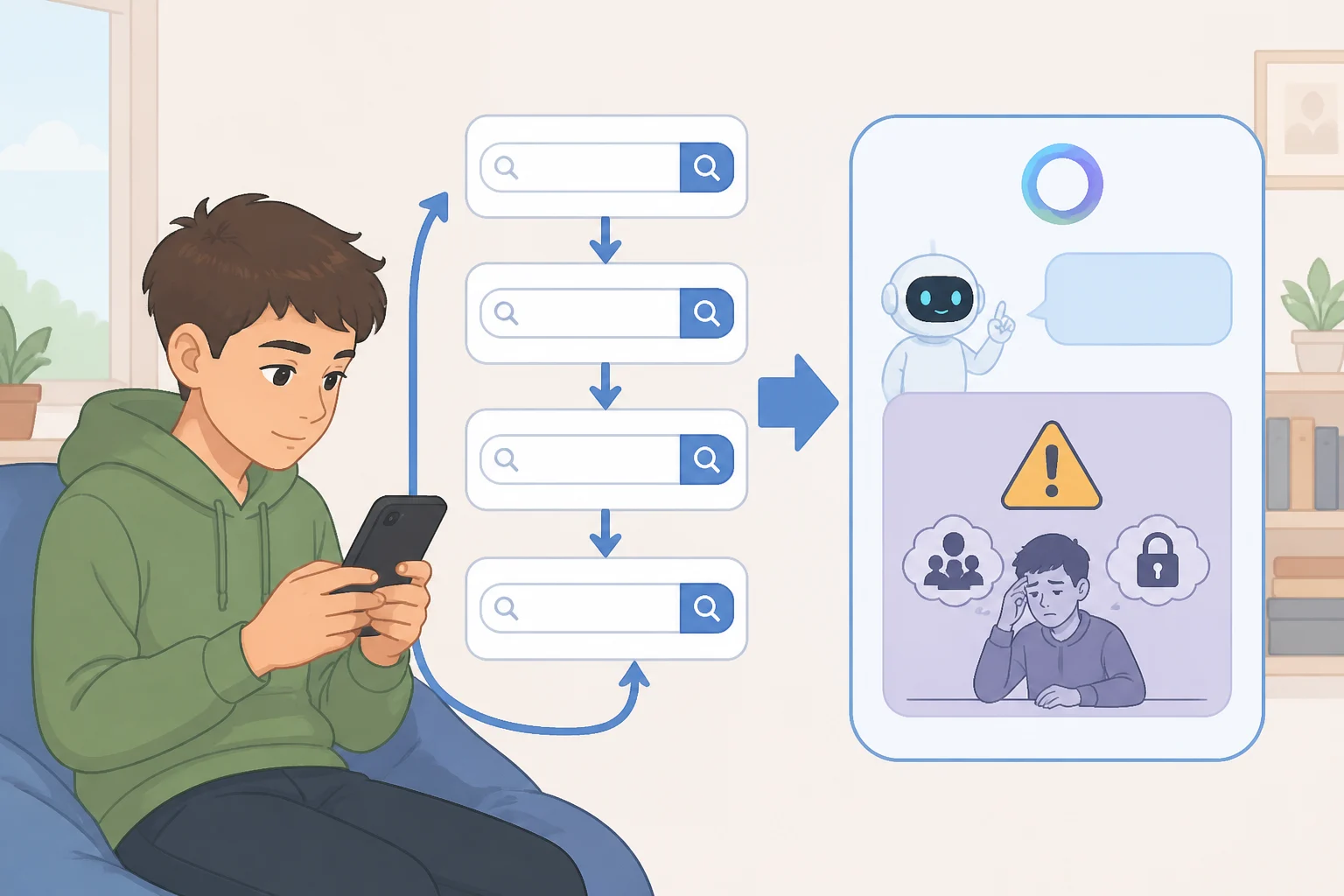 Illustration of a teen searching Facebook/Instagram for self-harm terms and a separate Meta AI chat indicator that can trigger a parent notification