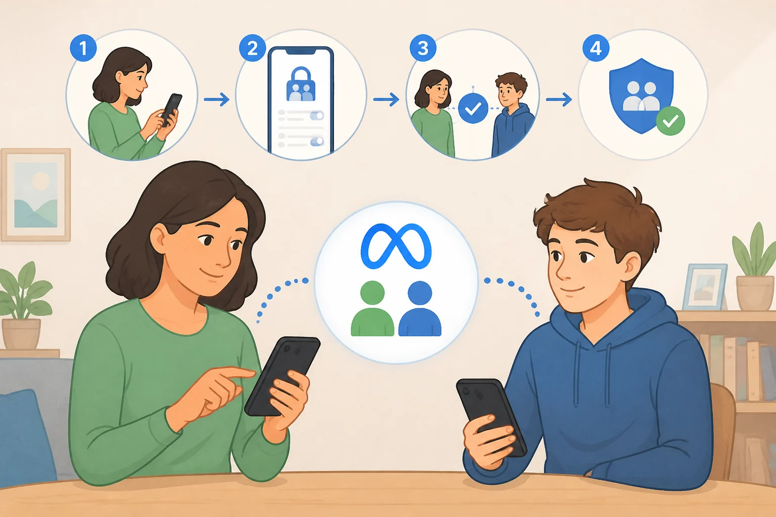 Diagram of Meta parental supervision settings showing a parent profile linked to a Teen Account for Meta parental alerts for teen self-harm searches