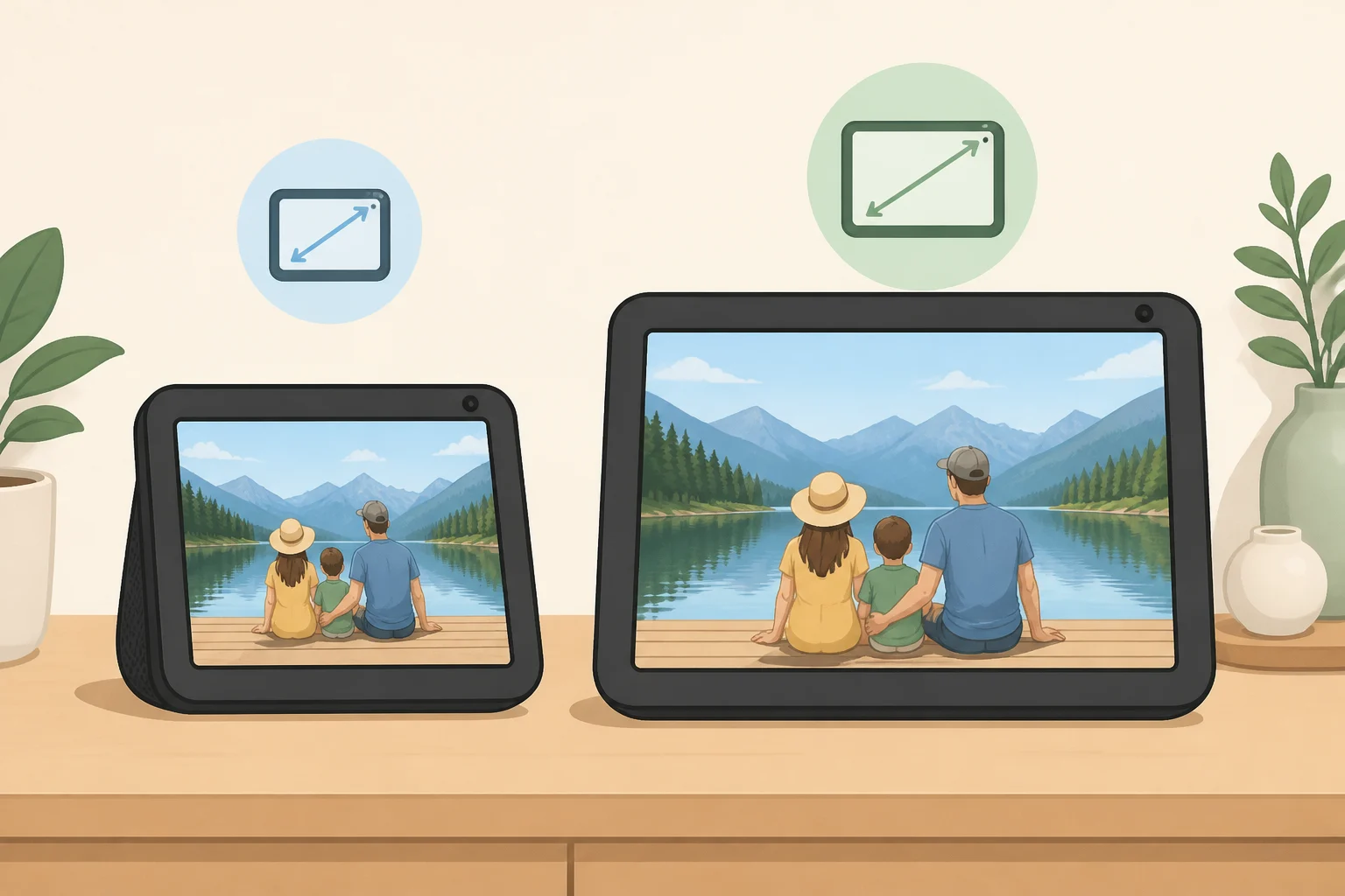 Side-by-side comparison graphic of Echo Show 8 and Echo Show 11 showing different photo screen sizes and resolution levels for an Amazon digital photo frame Echo device