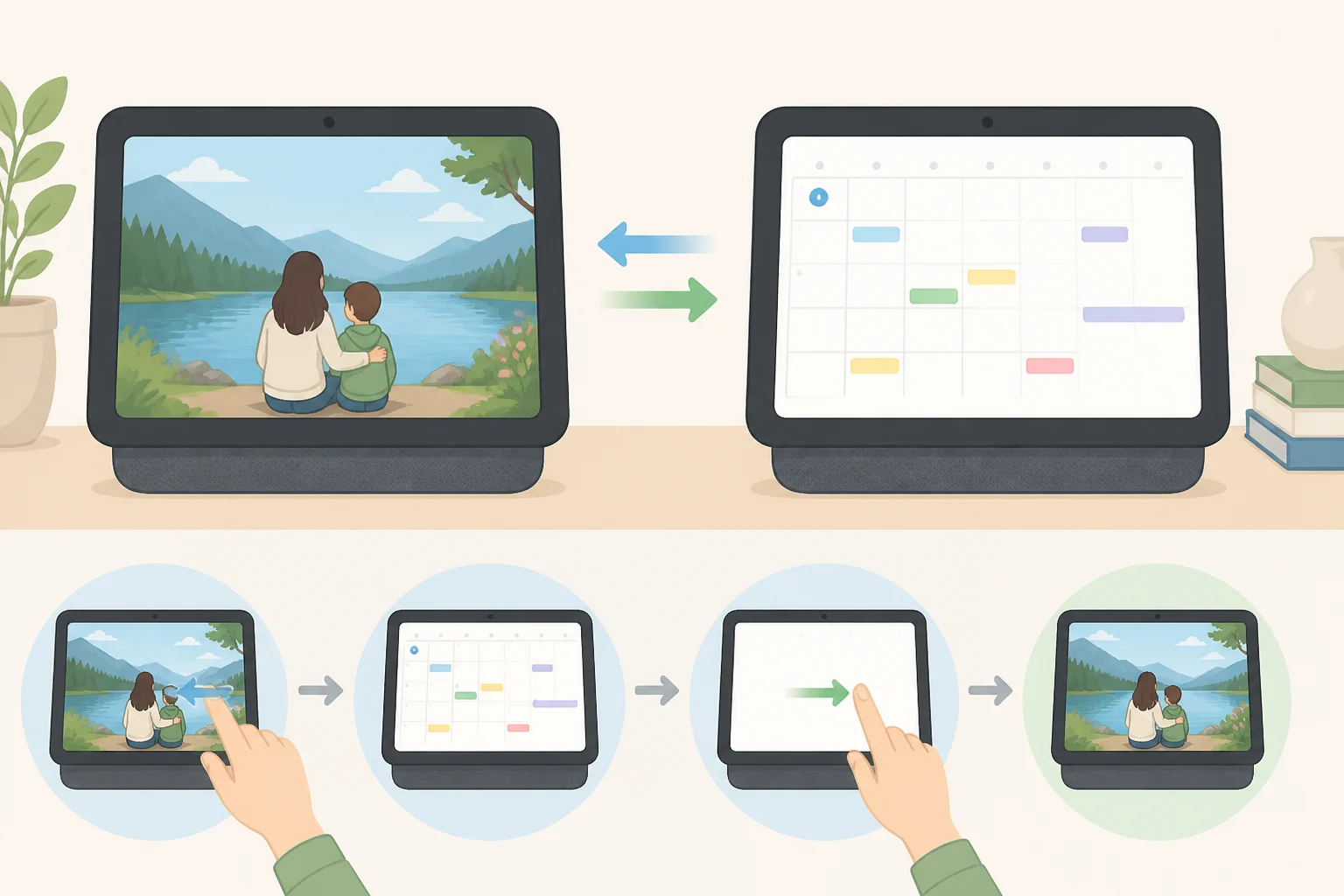 Illustration of an Echo Show smart display showing family photos alongside an Alexa+ full-screen daily, weekly, and monthly calendar layout