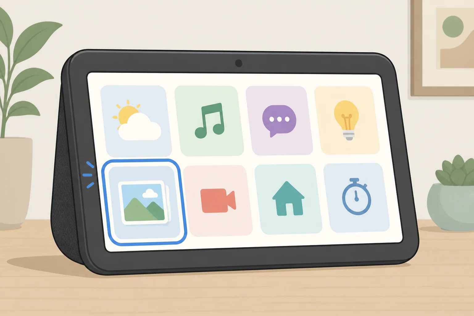 Screenshot-style illustration of an Echo Show interface listing visual Alexa responses, color-coded family calendars, Ring video summaries, and an option to view photos