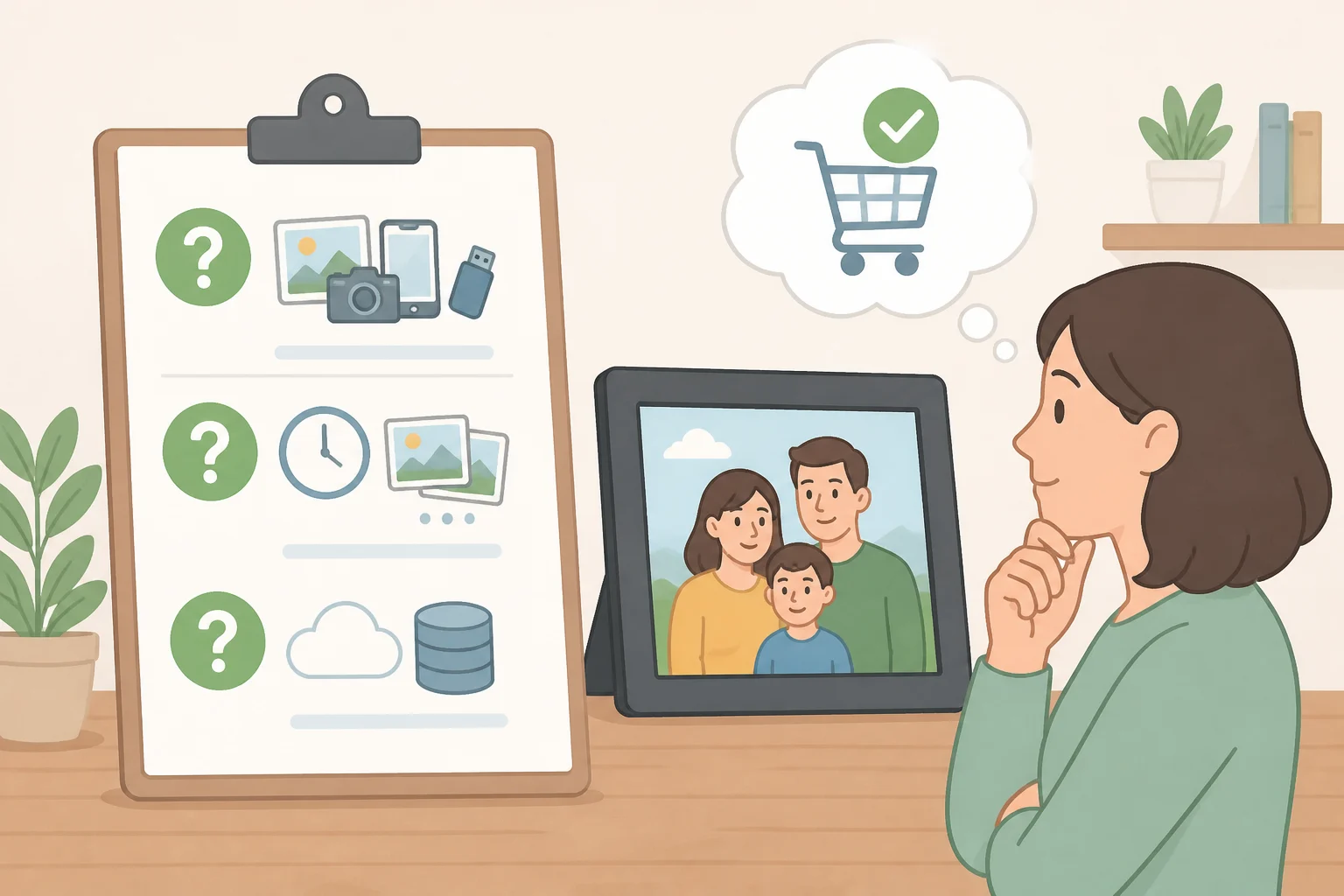 Checklist-style illustration prompting buyers to confirm supported photo sources, slideshow timing, storage limits, and Alexa+ eligibility for Echo Show photo viewing