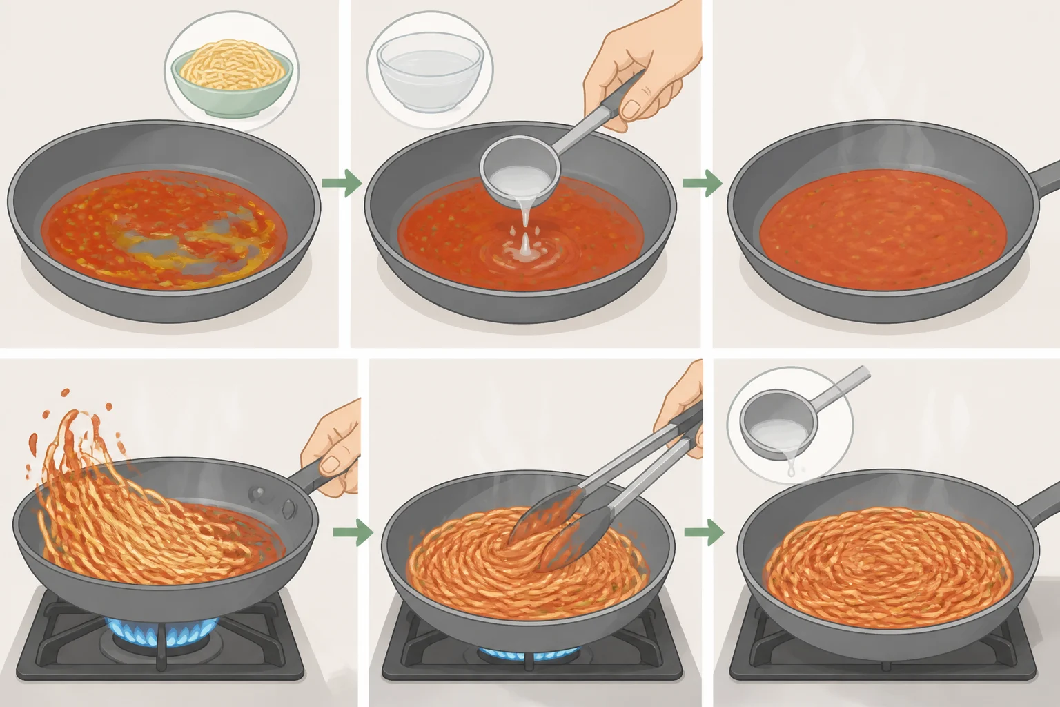 Close-up of a skillet where glossy sauce thickens as small amounts of starchy pasta water are stirred in, fixing a sauce that looks thin or separates