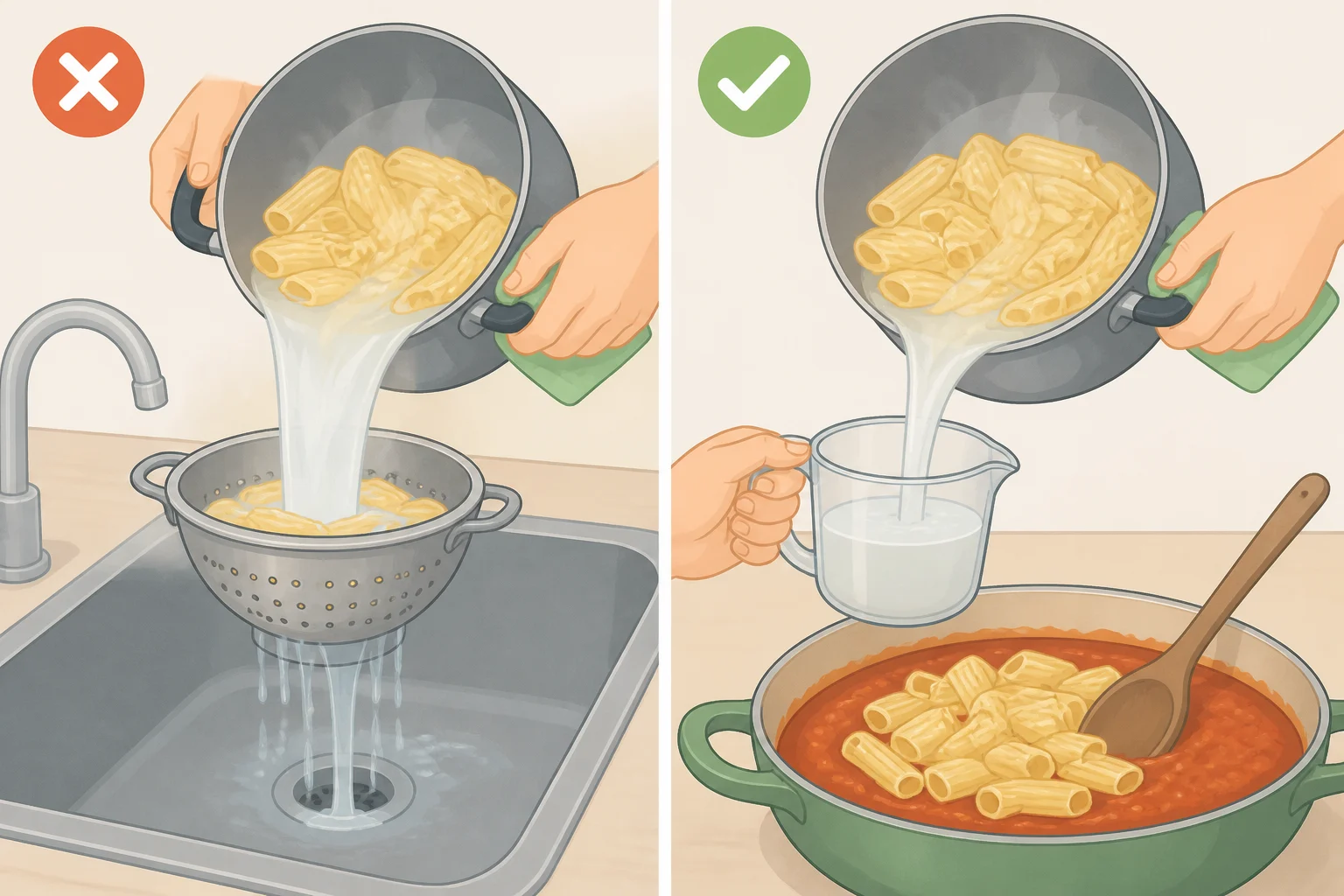 Split-panel image comparing pasta drained through a colander with starchy water going down the drain versus pasta lifted into a skillet while keeping that clingy cooking water to help sauce stick to pasta