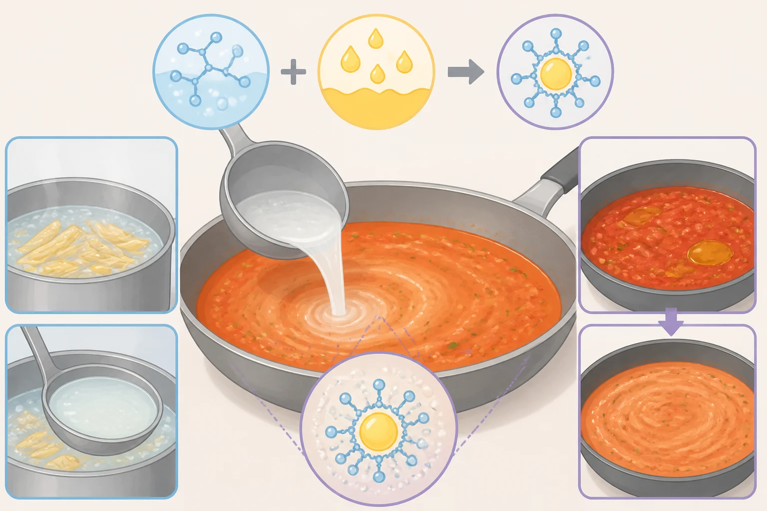 Diagram-style image explaining how to emulsify pasta sauce with pasta water so fat and water stay together instead of pooling, helping how to make spaghetti sauce stick to pasta