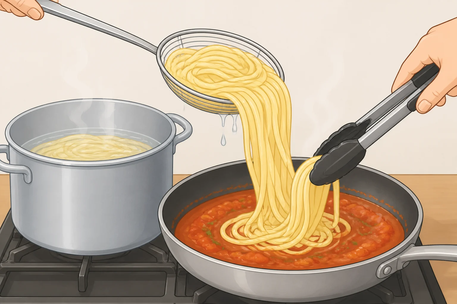 Chef lifting spaghetti directly from the boiling pot into a wide skillet of simmering tomato sauce with pasta water clinging to the strands