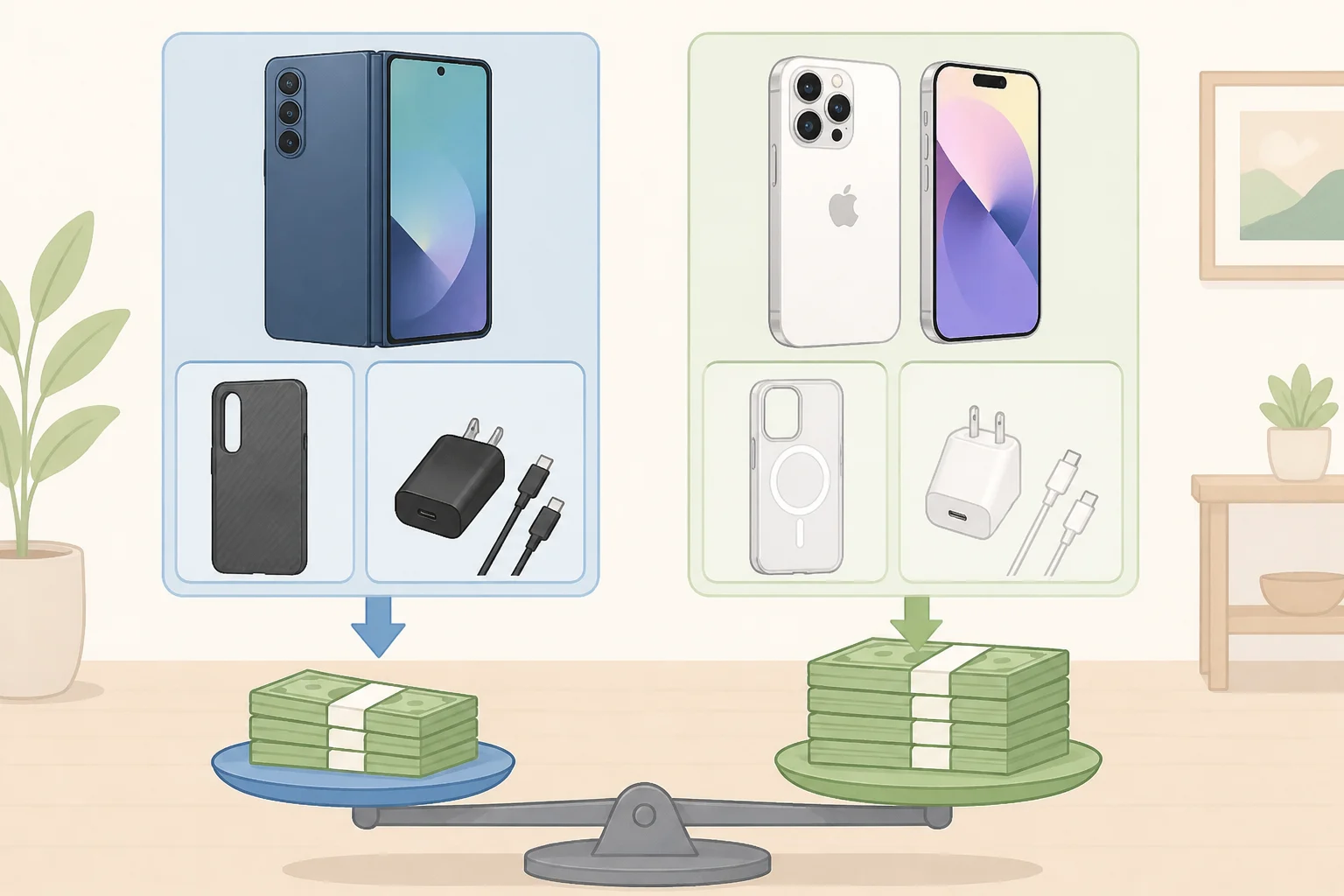 Bar-style comparison of Galaxy Z Fold 8 vs iPhone Duo cost of ownership baseline cash paid after adding an average case and charger to each phone