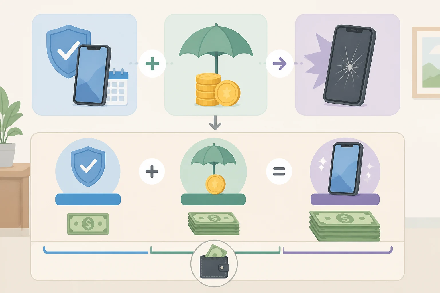 Diagram comparing AppleCare+ and Samsung Care+ inner-display claim pricing, including premiums and deductibles for Galaxy Z Fold 8 and iPhone Duo