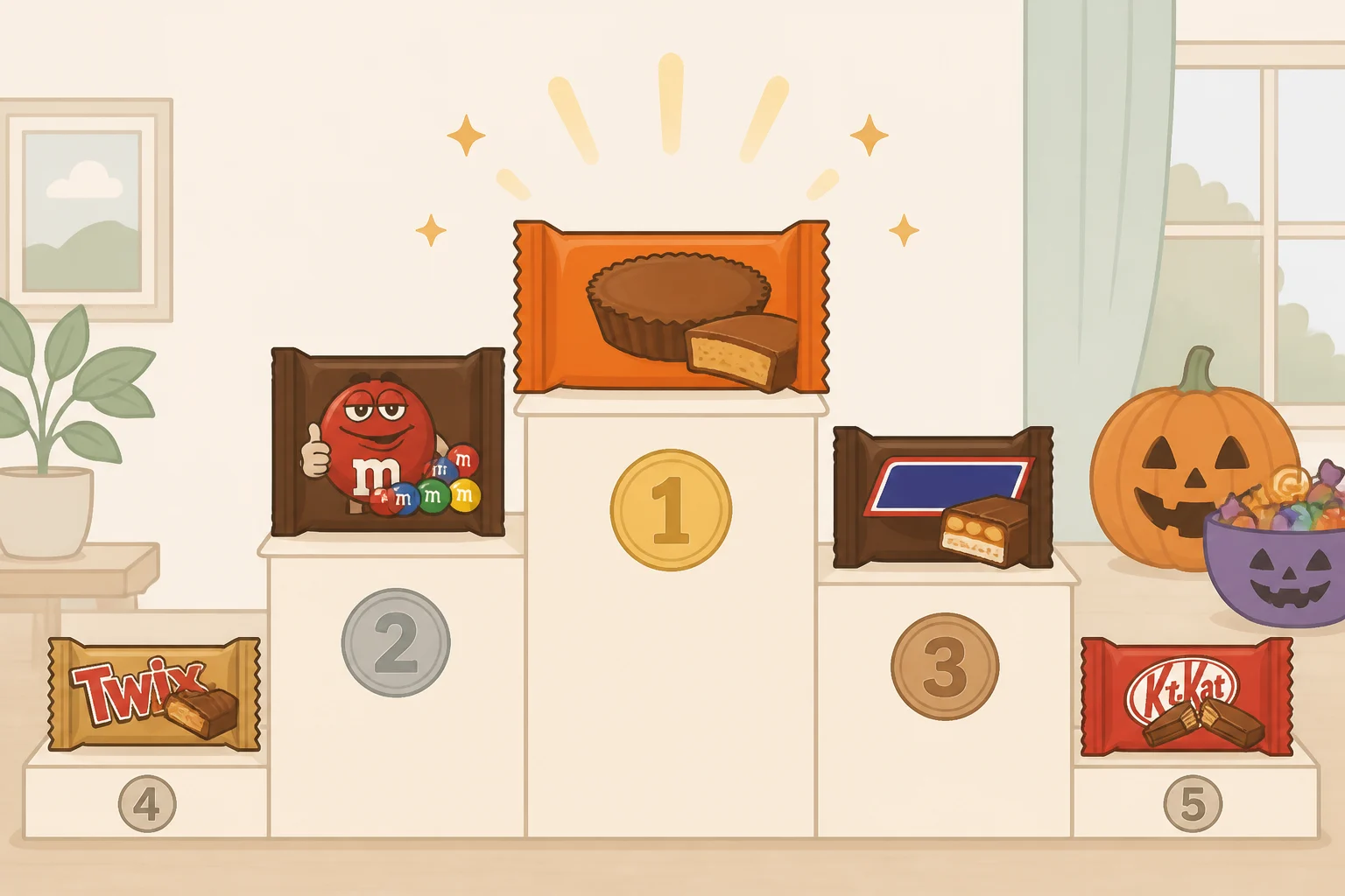 Top-ranked Halloween candies by ounces sold on Instacart: Reese's Peanut Butter Cups at No. 1 followed by chocolate brands like Peanut M&M's, Hershey's Milk Chocolate, regular M&M's, and Snickers